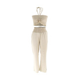 Women lace-up backless top and wide-leg pants two-piece set