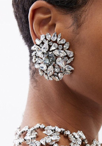 Women Popular Round Clip-on Earrings with Geometric Rhinestones Accessories