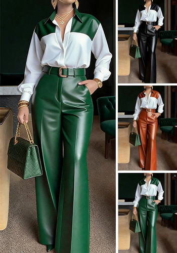 Women Long-Sleeved Shirt Pu-Leather Wide-Leg Pants Two-Piece Set