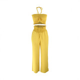 Women lace-up backless top and wide-leg pants two-piece set