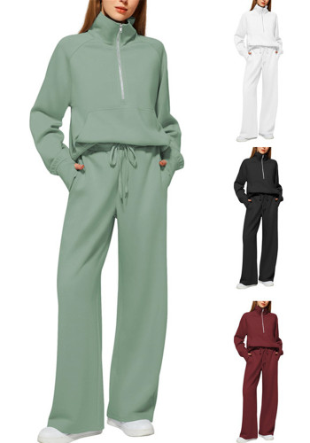 Women Casual Zipper Top and Wide-Leg Pants Two-Piece Set