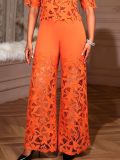 Women elegant hollowed-out lace see-through top and Pant Two Piece Set