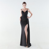 Women satin fishbone lace-up beaded evening dress
