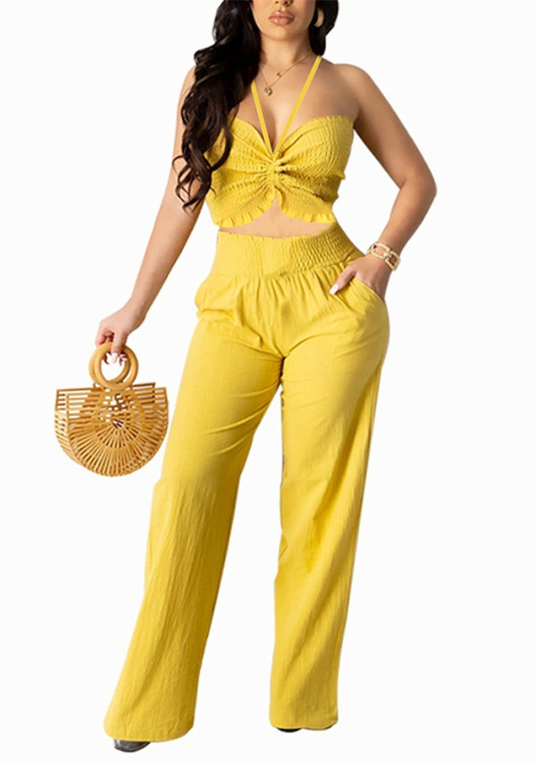 Women lace-up backless top and wide-leg pants two-piece set