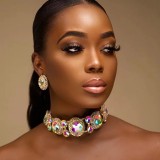 Women Round Rhinestone Necklace and Earrings Accessories