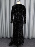 Women elegant hollowed-out sequin embroidered flower formal party fishtail dress