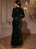 Women elegant hollowed-out sequin embroidered flower formal party fishtail dress