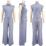 Women Striped Print Turndown Collar Sleeveless Shirt Top and Wide-Leg Pants Two-Piece Set