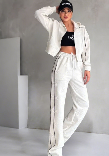 Women Winter Casual Embossed Hoodies and Pant Two-Piece Set