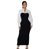 Women Spring/Autumn Turndown Collar Long-Sleeved Patchwork Bodycon Maxi Dress