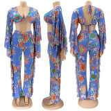 Women bohemian floral print slit flowy top and bell bottom two-piece set