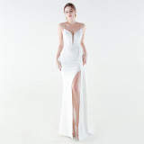 Women satin fishbone lace-up beaded evening dress