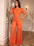 Women elegant hollowed-out lace see-through top and Pant Two Piece Set