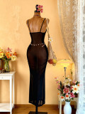 Women Sexy Mesh Lace Backless Slit Maxi Dress Lingerie