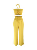 Women lace-up backless top and wide-leg pants two-piece set