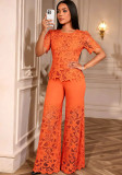 Women elegant hollowed-out lace see-through top and Pant Two Piece Set
