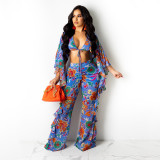Women bohemian floral print slit flowy top and bell bottom two-piece set