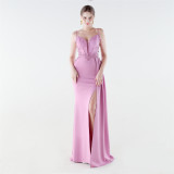 Women satin fishbone lace-up beaded evening dress