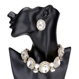 Women Round Rhinestone Necklace and Earrings Accessories