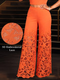 Women elegant hollowed-out lace see-through top and Pant Two Piece Set