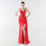 Women satin fishbone lace-up beaded evening dress