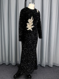 Women elegant hollowed-out sequin embroidered flower formal party fishtail dress