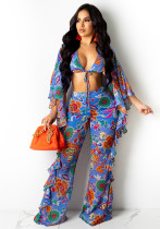 Women bohemian floral print slit flowy top and bell bottom two-piece set Women bohemian floral print slit flowy top and bell bottom two-piece set
