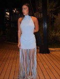 Women Halter Neck Backless Tassel Sexy Bodycon Dress