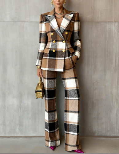 Women's Autumn Winter Career Fashion Plaid Print Long Sleeve Slim Fit Blazer Trousers Suits