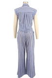 Women Striped Print Turndown Collar Sleeveless Shirt Top and Wide-Leg Pants Two-Piece Set