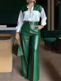 Women Long-Sleeved Shirt Pu-Leather Wide-Leg Pants Two-Piece Set