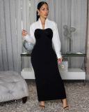 Women Spring/Autumn Turndown Collar Long-Sleeved Patchwork Bodycon Maxi Dress