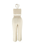 Women lace-up backless top and wide-leg pants two-piece set