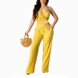 Women lace-up backless top and wide-leg pants two-piece set