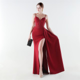 Women satin fishbone lace-up beaded evening dress