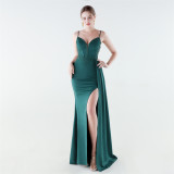 Women satin fishbone lace-up beaded evening dress