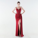 Women satin fishbone lace-up beaded evening dress