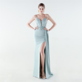 Women satin fishbone lace-up beaded evening dress