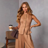 Women's Casual Sleeveless Blazer and Wide-Leg Pants Suit Set