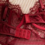 Women's Lingerie Burgundy Lace Cut-Out Shaping Bodysuit with Gloves