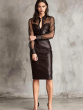 Women's Clubwear Mesh PU Leather Patchwork V-Neck Bodycon Dress