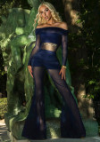 Winter Women's Sexy Off-Shoulder Mesh Patchwork High-Waist Slim Jumpsuit