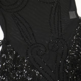 Women's Fashion Round Neck Mesh Patchwork Sequin Tassel See-Through Beaded Dress