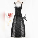 Women's Plus Size Black Lace Mesh Patchwork High Slit Long Dress
