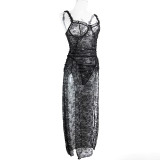Women's Plus Size Black Lace Mesh Patchwork High Slit Long Dress