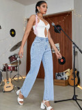 Women's Denim Pearl Beaded Straight-Leg Light Blue Denim Pants