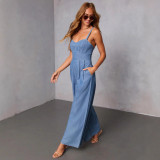 Women's Casual Solid Color Strap Wide Leg Jumpsuit