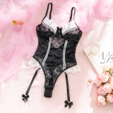Women's Valentine Cute Lace Trim Stretchy Tight-Fitting Bodysuit with Stockings