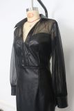 Women's Clubwear Mesh PU Leather Patchwork V-Neck Bodycon Dress