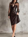 Women's Clubwear Mesh PU Leather Patchwork V-Neck Bodycon Dress